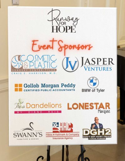 Sponsors for the Runway for Hope Event Hangers of Hope Thrift Stores Benefiting the Bethesda Health Clinic in Tyler, TX